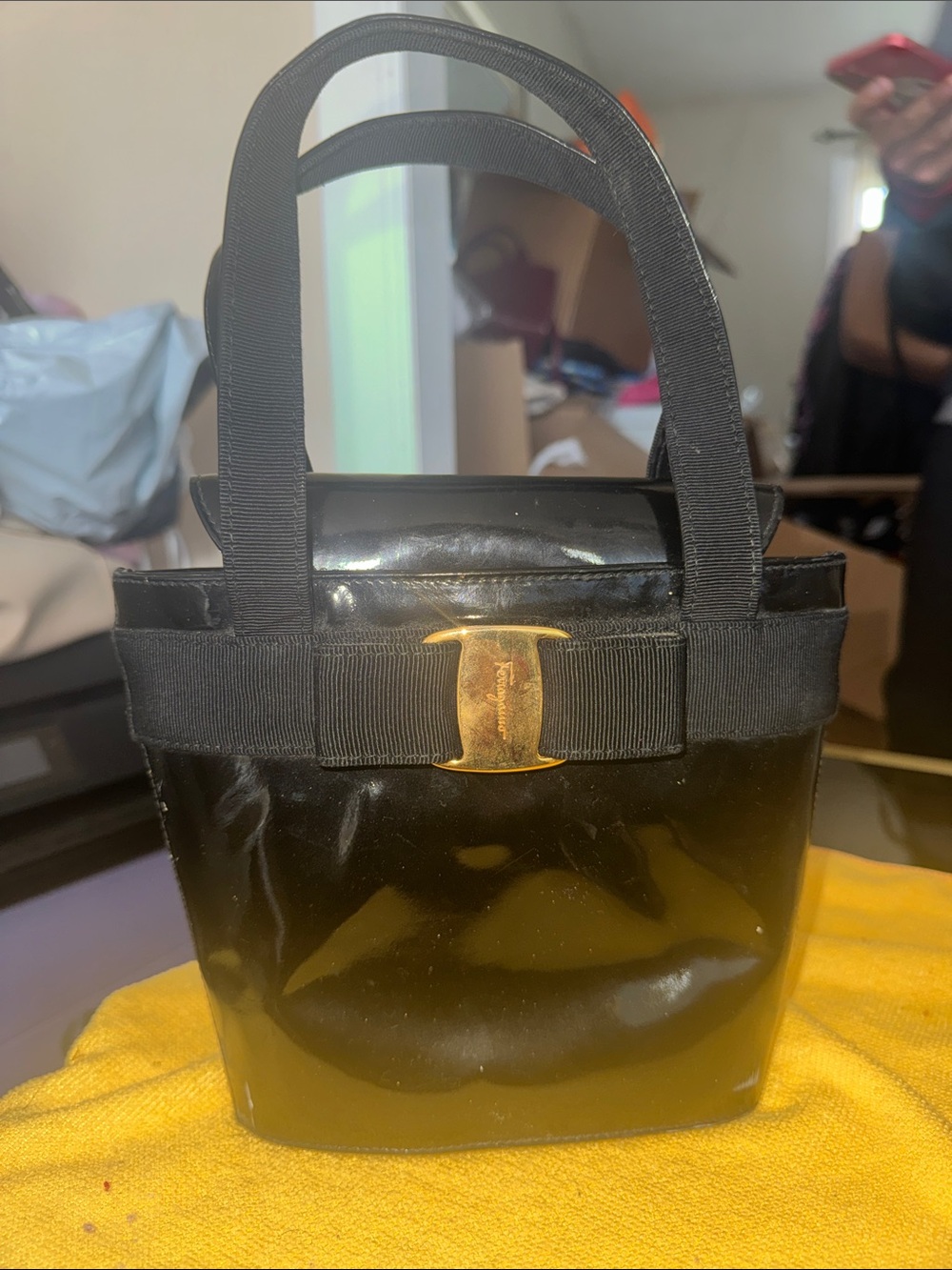 Salvatore Ferragamo Black Patent Mini Tote with Gold Bow Accent